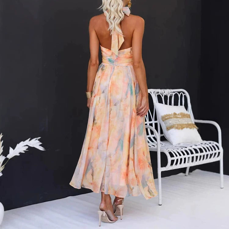 Women's summer vacation style sleeveless printed backless dress