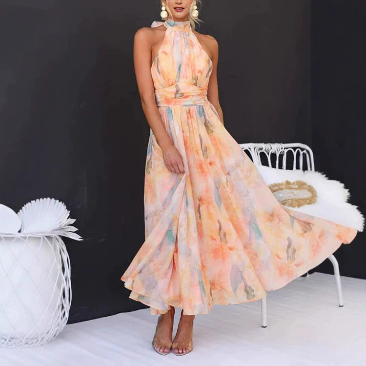 Women's summer vacation style sleeveless printed backless dress