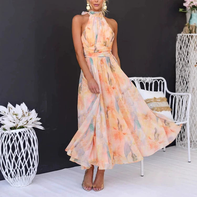 Women's summer vacation style sleeveless printed backless dress