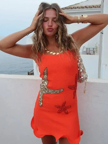 Women's summer resort-style sleeveless printed backless dress. New summer fashion sequined embroidered mini dress.
