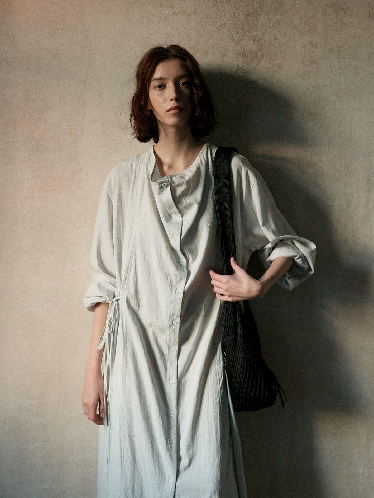 Summer simple and casual denim belted skirt made of Tencel, featuring soft drawstring waistband and full-length dress design