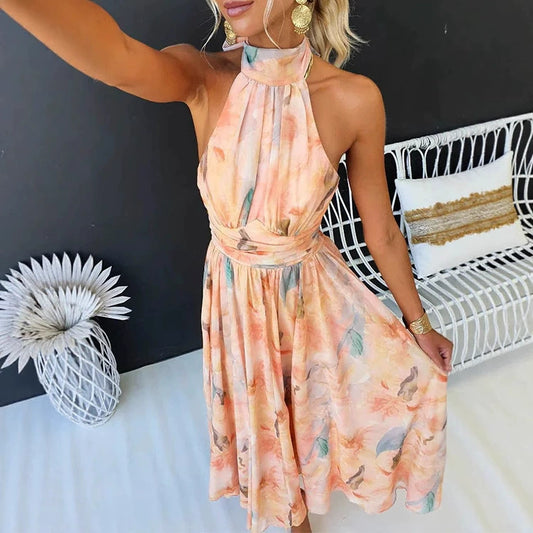 Women's summer vacation style sleeveless printed backless dress
